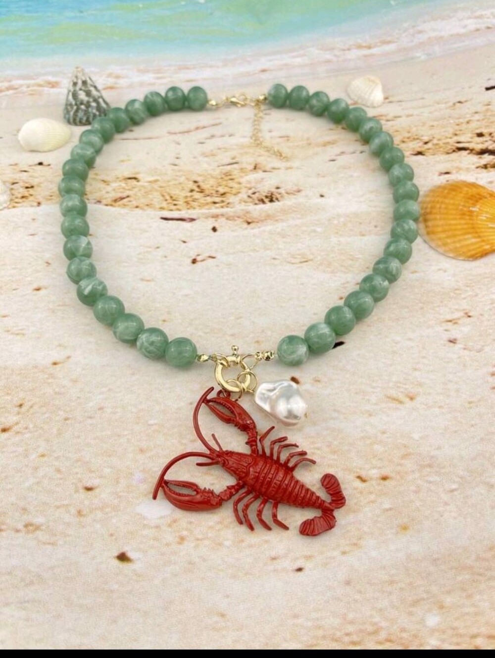 BRAND NEW ** Green Beaded Necklace with Red Lobster Charm and Pearl Accent
